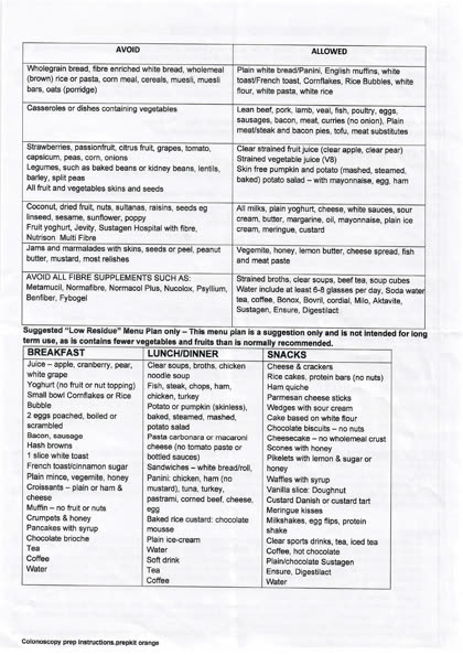 Original handout, page 2: food tables and a menu plan